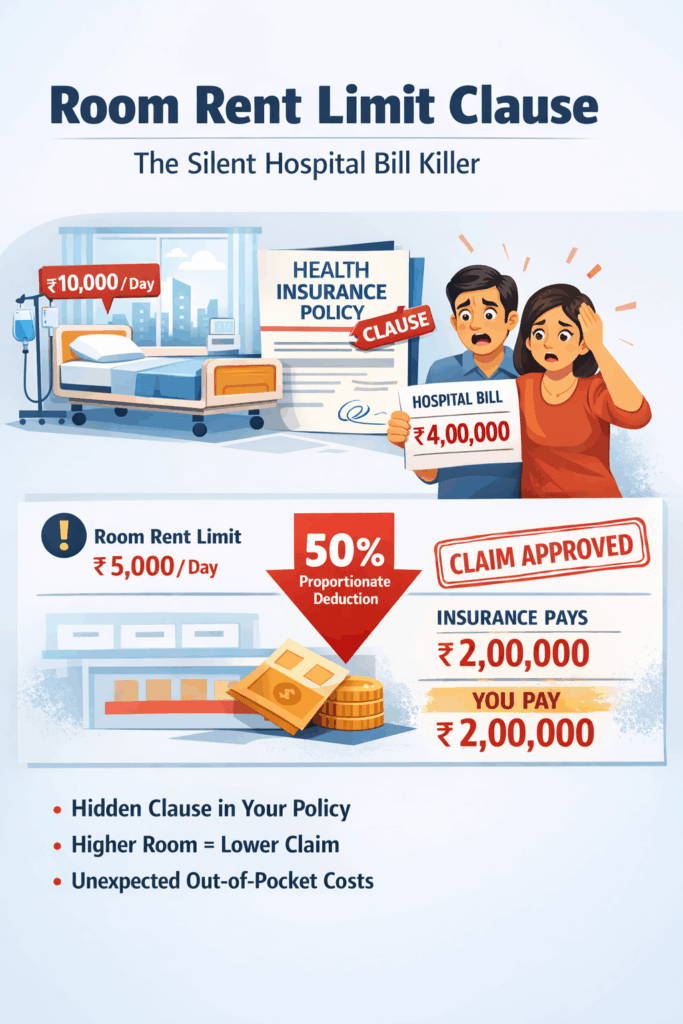 Room rent limit clause example showing proportionate deduction in health insurance