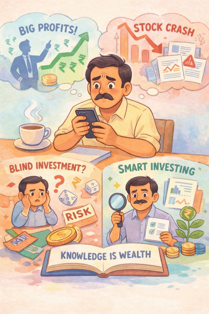 illustration of an Indian retail investor holding a smartphone with a cup of chai, surrounded by contrasting stock market outcomes—profit and growth on one side, crash and risk on the other—highlighting the importance of knowledge and basic analysis in smart stock investing.