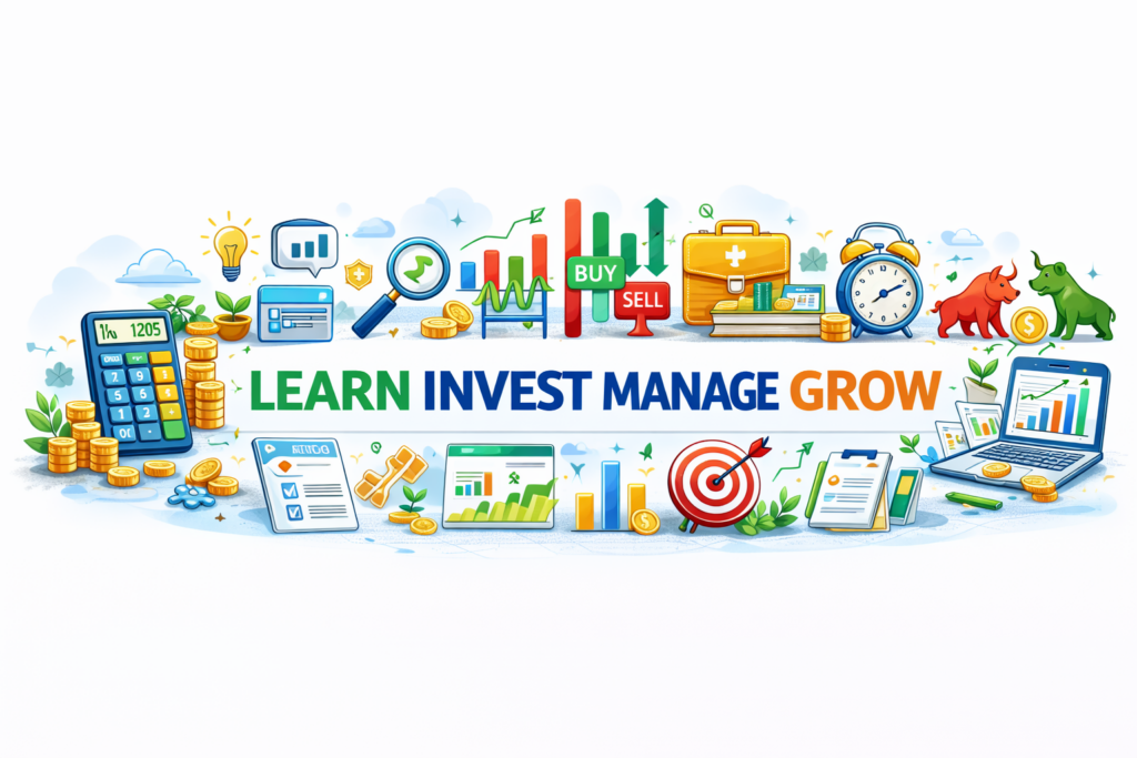 Finance education banner showing share market charts calculators money icons bull and bear symbols and text learn invest manage grow