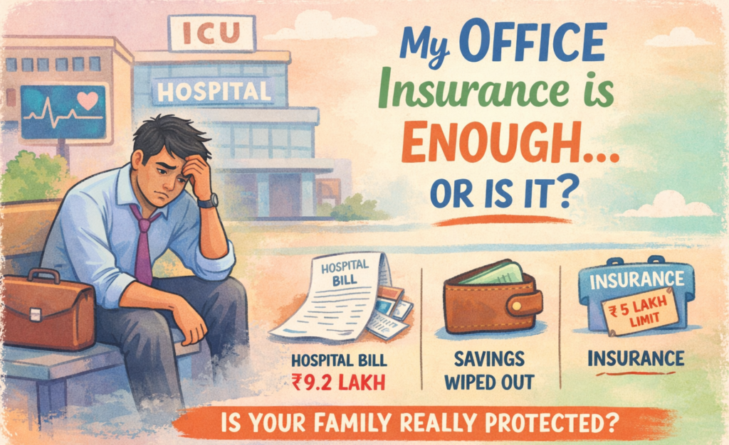 Pastel illustration of an Indian corporate employee outside a hospital ICU, worried about a high medical bill after his ₹5 lakh corporate health insurance falls short due to rising medical costs in India.
