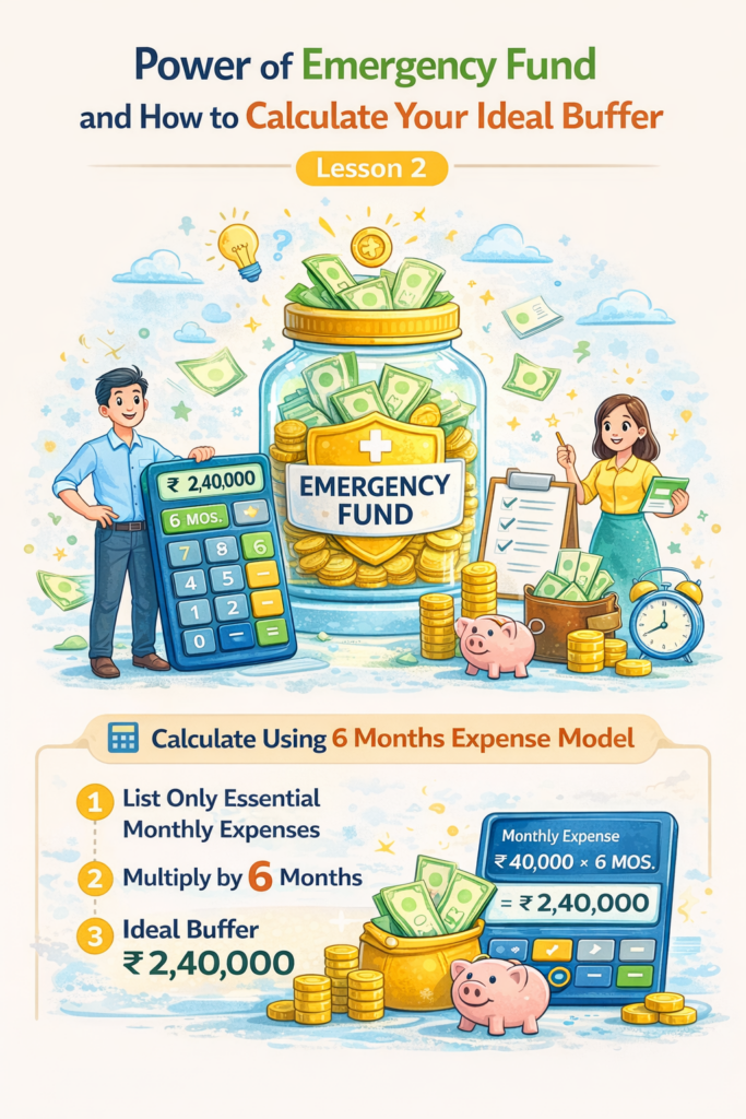 Illustration showing emergency fund planning with a jar filled with money, calculator displaying six months expenses and step by step guide to calculate ideal financial buffer