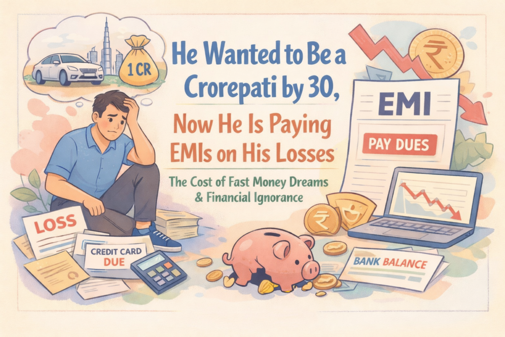 Pastel illustration of a young investor stressed about stock market losses, EMI payments, credit card dues and falling portfolio value.