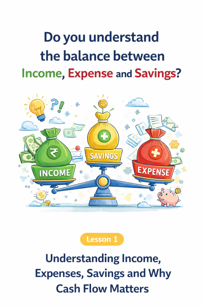 Illustration showing a balance scale with Income, Expense, and Savings money bags alongside the question about understanding the balance between income, expenses, and savings for better cash flow.