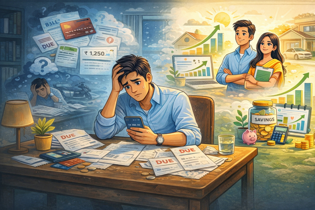 Illustration showing a salaried professional worried about expenses and bills transitioning to financial stability through savings budgeting and planning