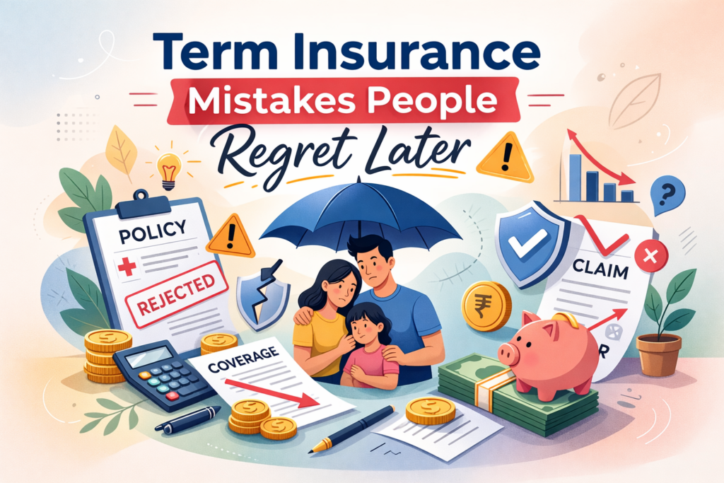 Soft pastel illustration of a worried family under protection umbrella surrounded by insurance documents, rejected claim symbols and financial icons highlighting term insurance mistakes people regret later.