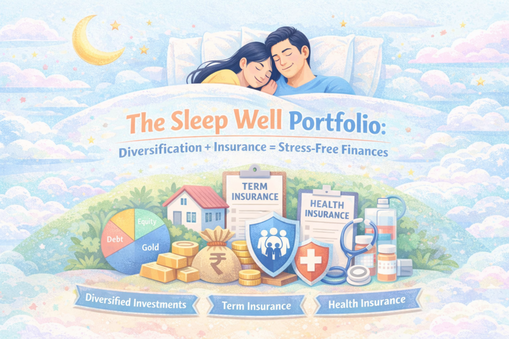 Pastel style landscape illustration showing a couple sleeping peacefully above financial icons representing diversification, term insurance, health insurance, and an emergency fund, symbolizing a stress free financial plan called the Sleep Well Portfolio.