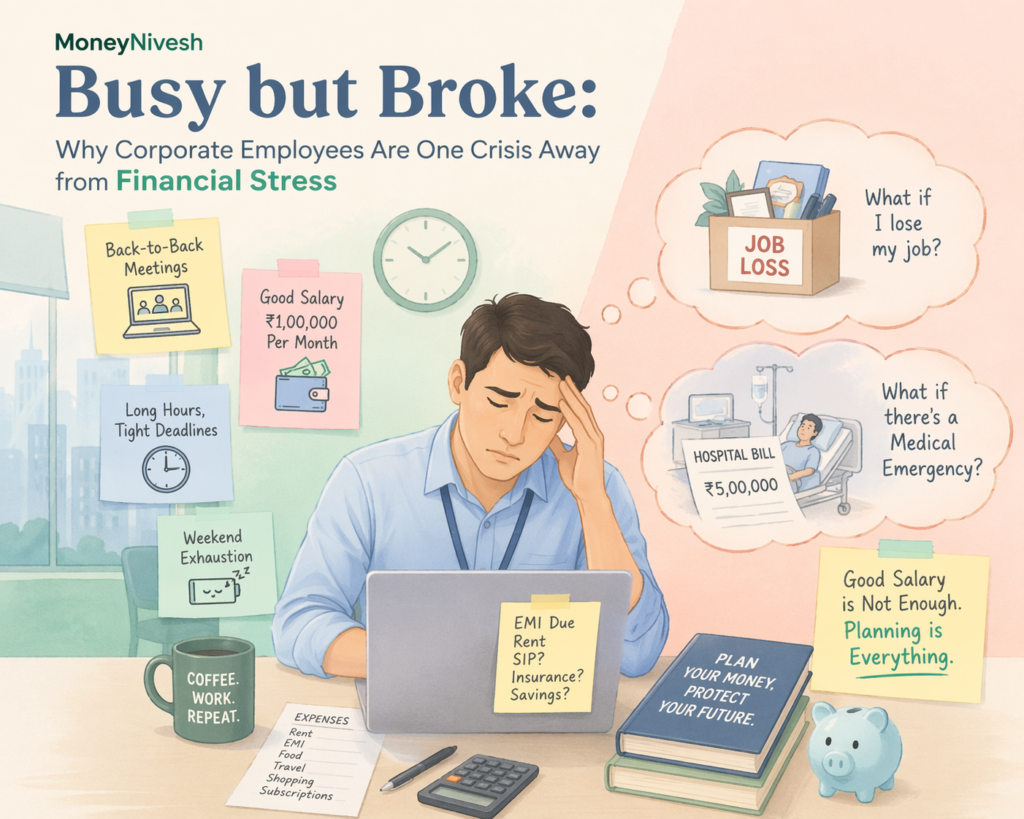 Illustration of a stressed corporate employee with laptop and bills, representing financial stress despite a good salary and lack of financial planning